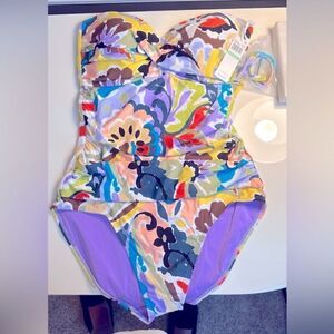 Anne Cole Twist Front Shirred Bandeau One-Piece Kashmir Paisley